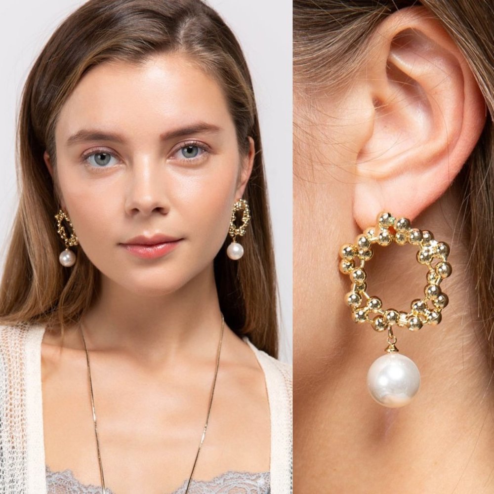 NEW Round Linked Gold Balls Dangle Pearl Earrings